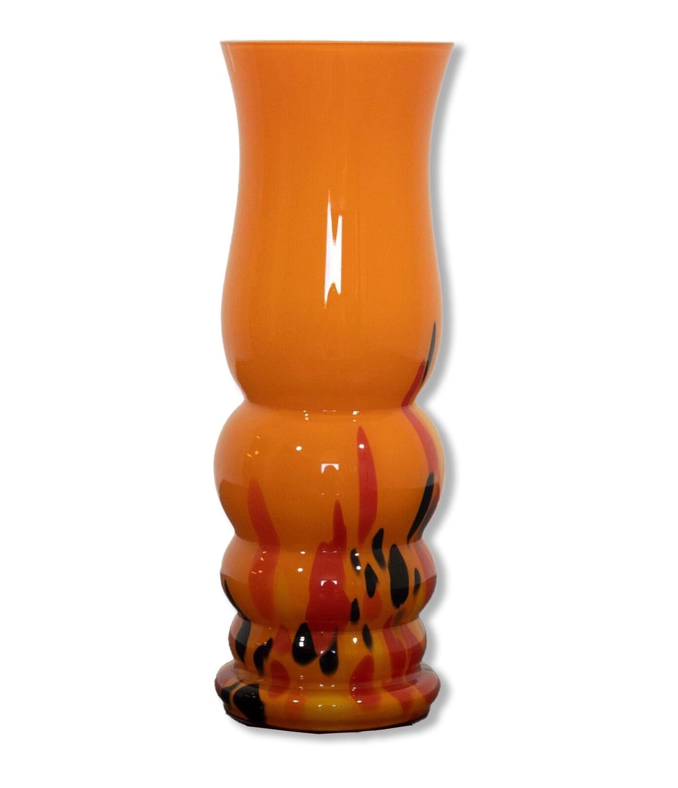 Czech Glass Orange Vase with Blue & Yellow Designs