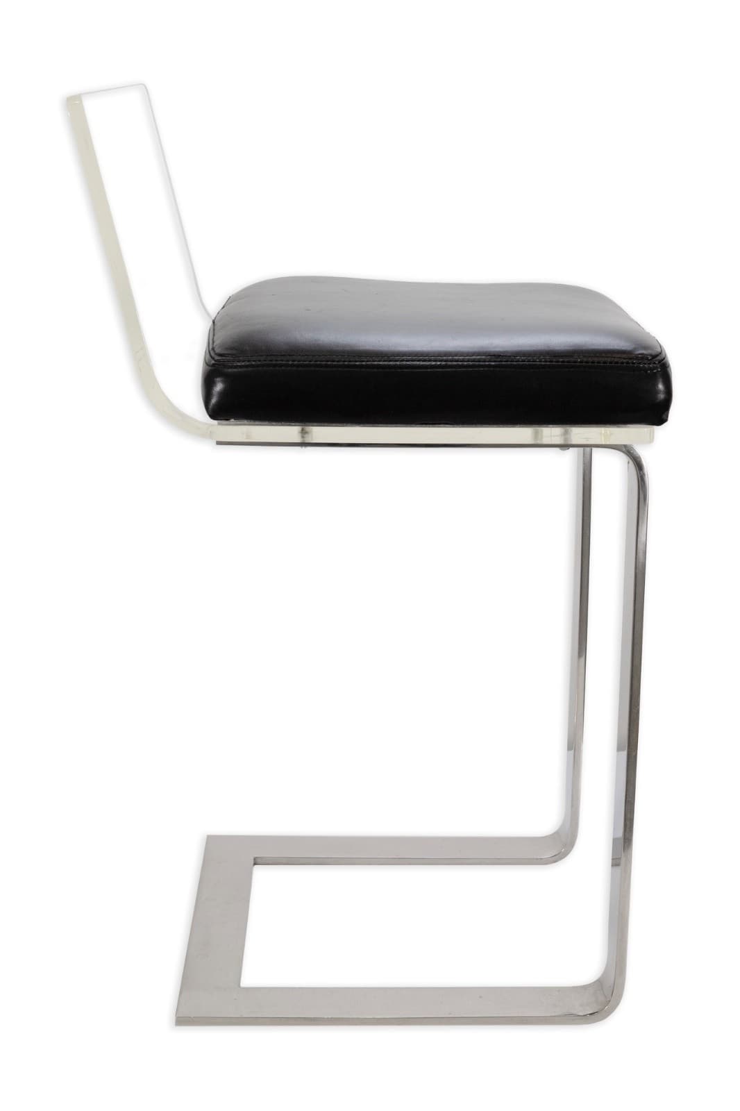 Mid Century Modern Black Leather And Lucite Barstool With Chrome Legs - Thumbnail 3