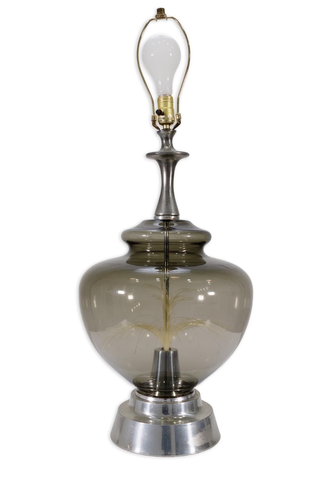Pair Of Vintage Mid Century Modern Round Fiber Optic Smoked Glass & Chrome Lamps - Thumbnail 2