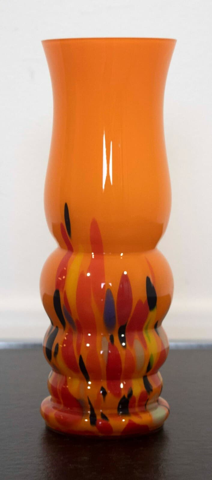 Czech Glass Orange Vase with Blue & Yellow Designs - Thumbnail 3