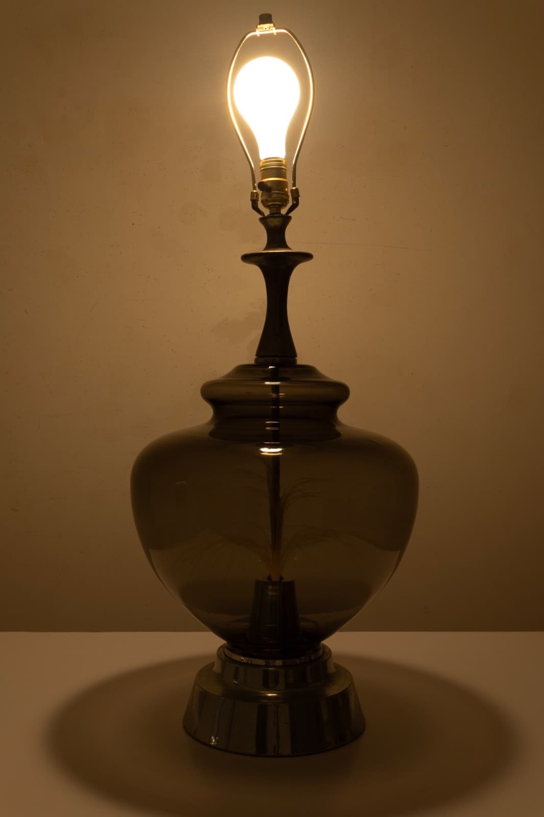 Pair Of Vintage Mid Century Modern Round Fiber Optic Smoked Glass & Chrome Lamps - Thumbnail 3