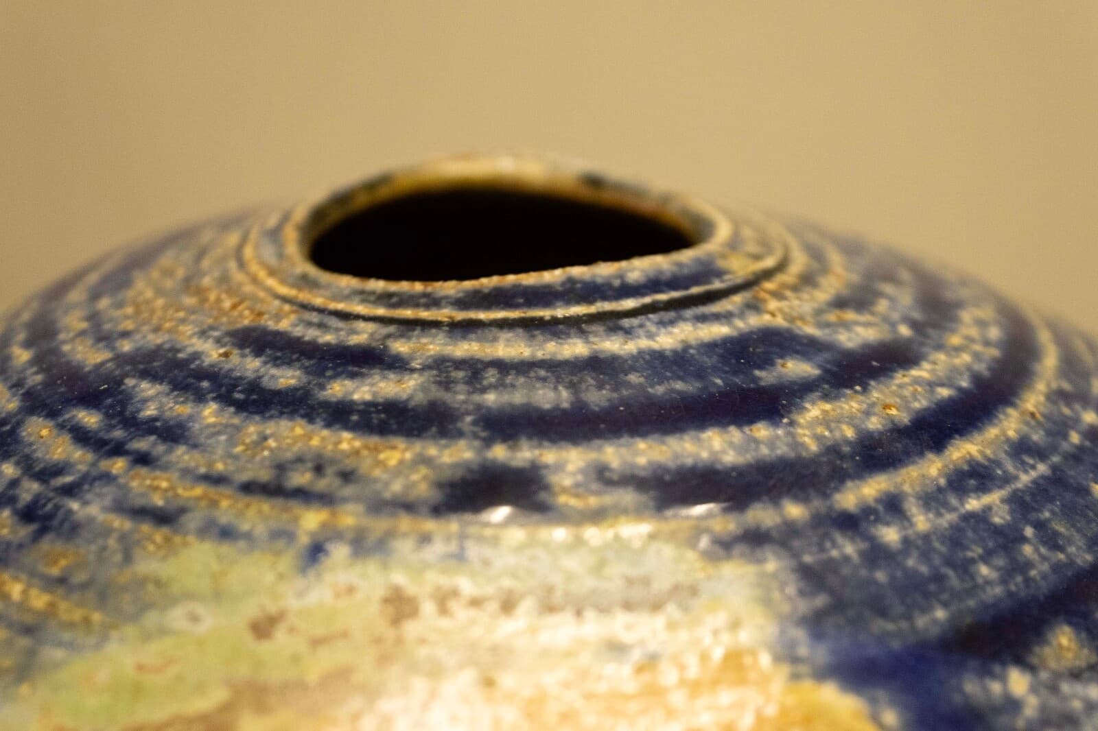 Mid Century Modern Glazed Studio Pottery Vessel Cobalt Blue with Earth Tones - Thumbnail 5