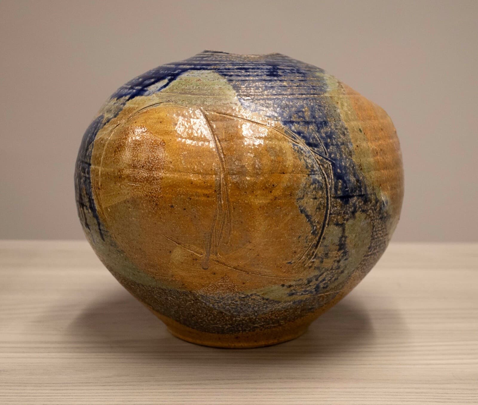 Mid Century Modern Glazed Studio Pottery Vessel Cobalt Blue with Earth Tones - Thumbnail 3