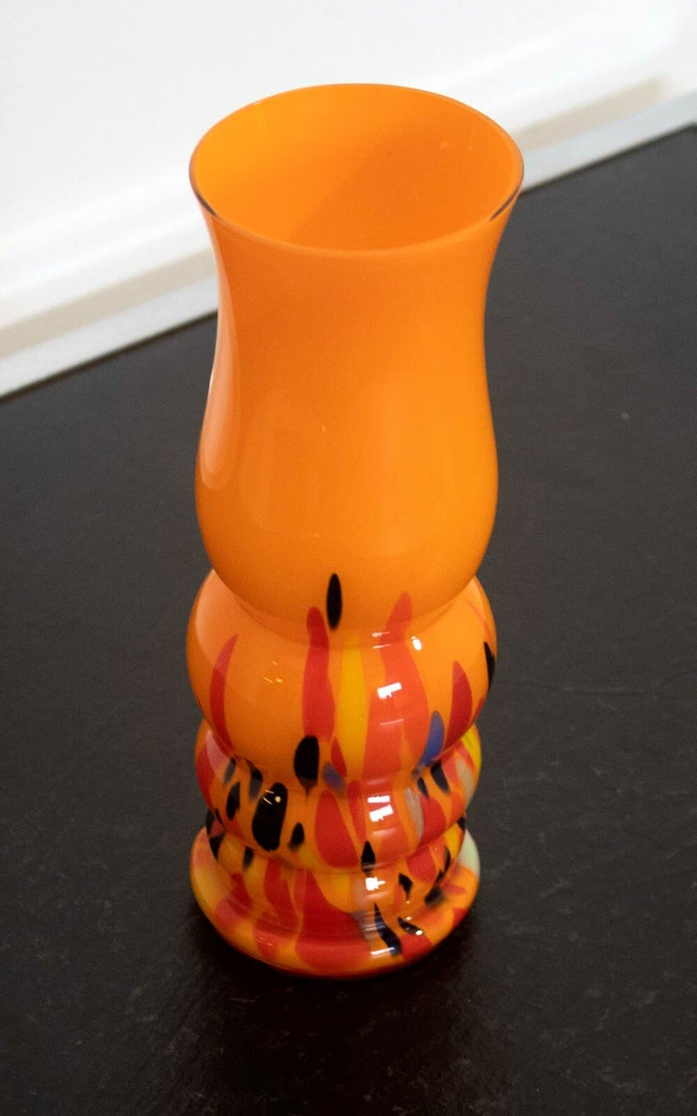 Czech Glass Orange Vase with Blue & Yellow Designs - Thumbnail 4
