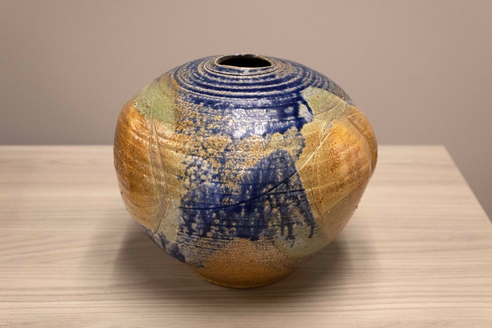 Mid Century Modern Glazed Studio Pottery Vessel Cobalt Blue with Earth Tones - Thumbnail 2