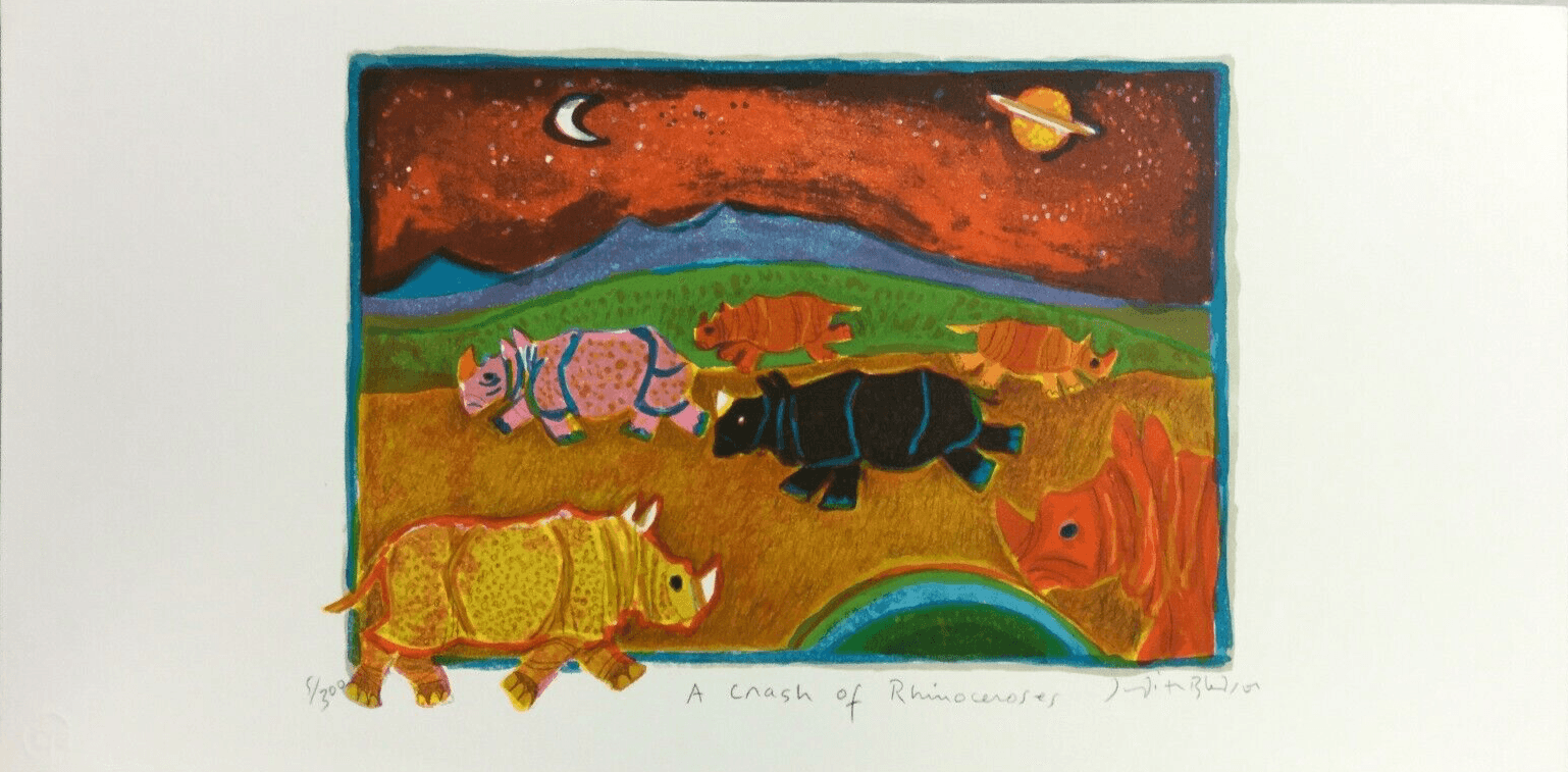Mid Century Modern Unframed Crash of Rhinoceroses Judith Bledsoe Signed Litho