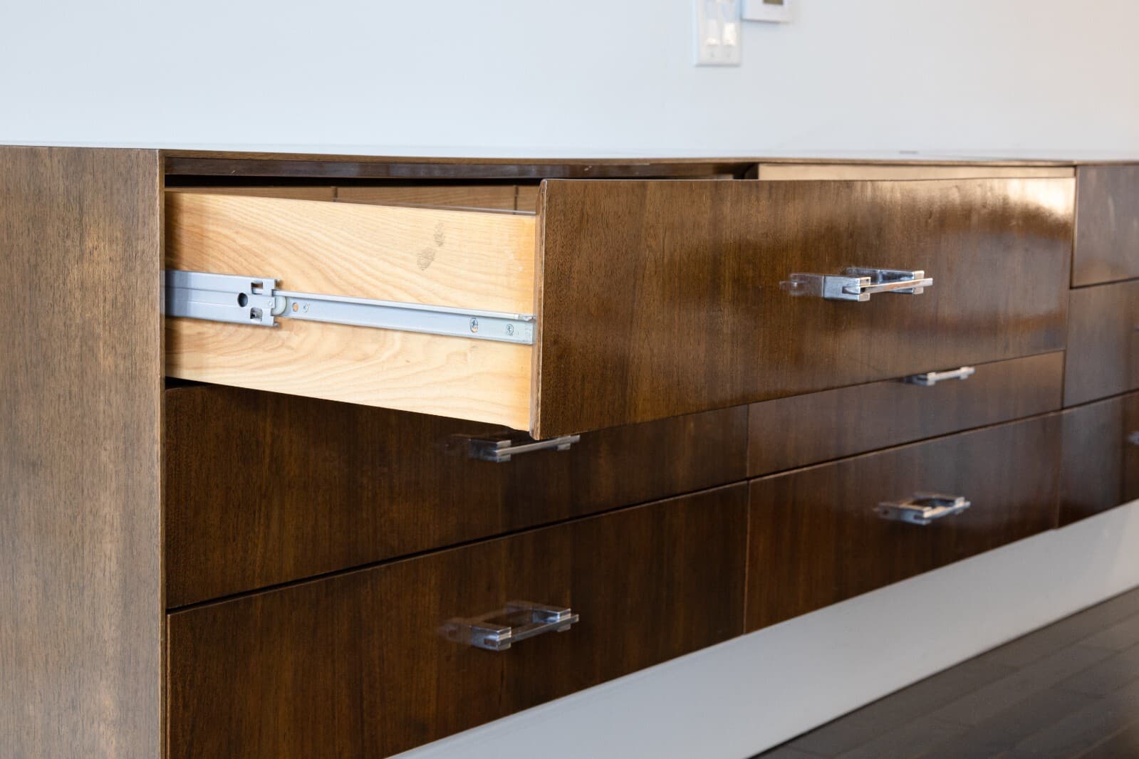 Mid Century Modern 3 Piece Walnut Chrome Tobocman Wall Hanging Floating Credenza - Thumbnail 6