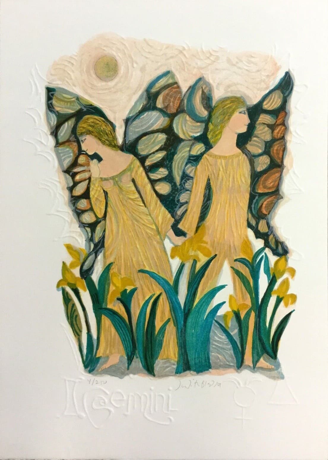 Mid Century Modern Unframed Gemini Zodiac Judith Bledsoe Hand Signed Lithograph