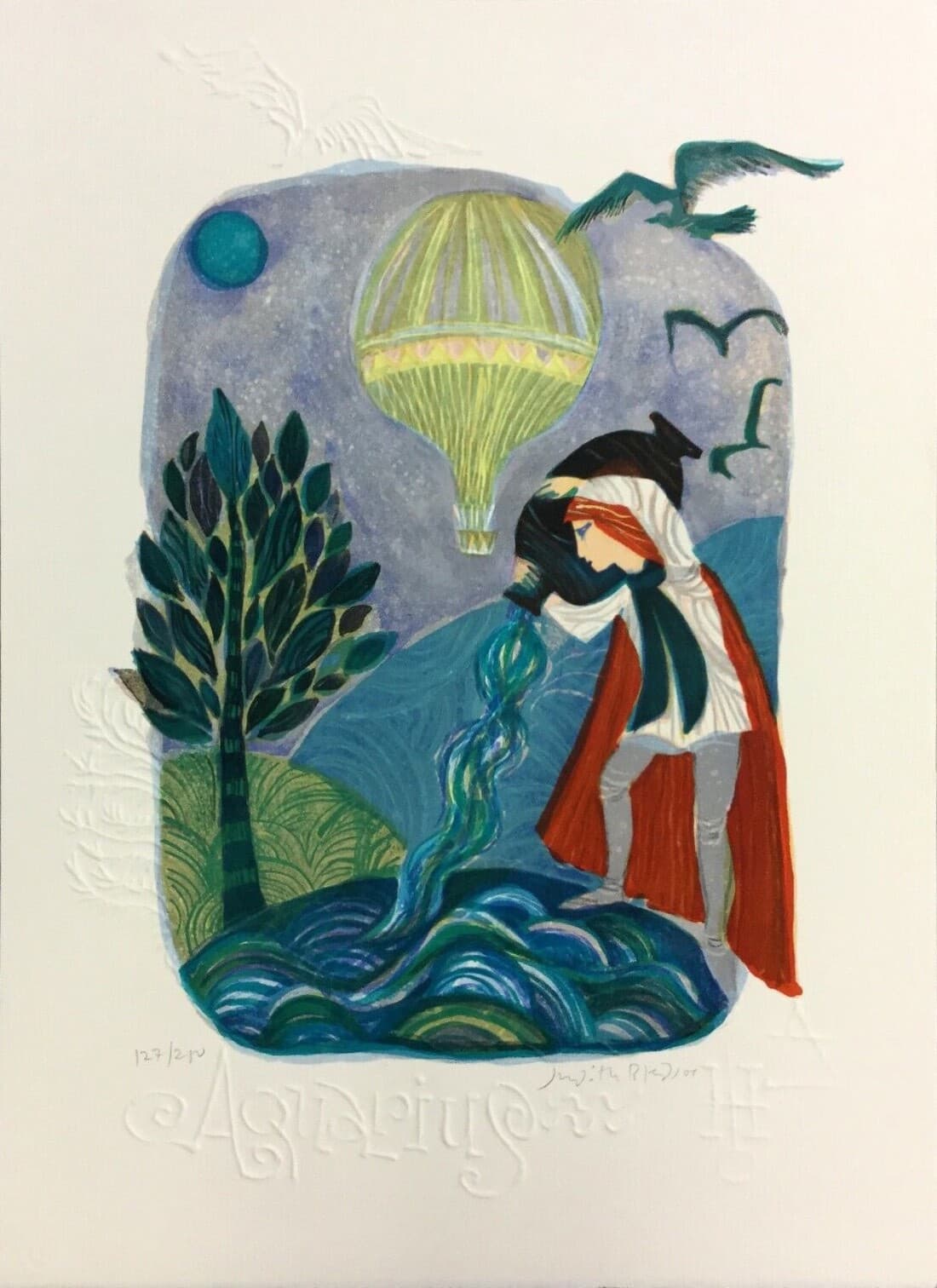 Mid Century Modern Unframed Aquarius Zodiac Judith Bledsoe Signed Lithograph