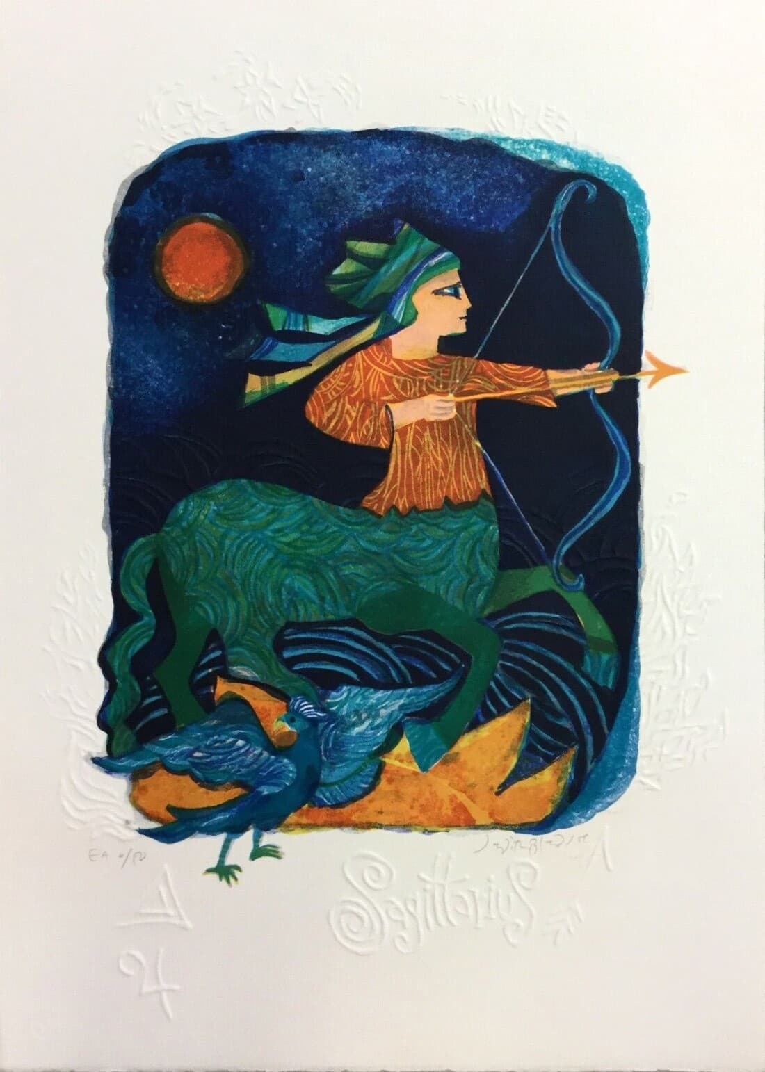 Mid Century Modern Unframed Sagittarius Zodiac Judith Bledsoe Signed Lithograph