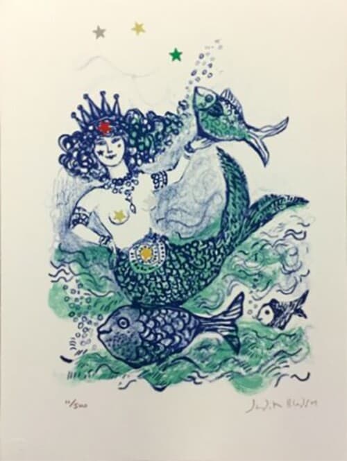 Mid Century Modern Unframed Mermaid Queen Judith Bledsoe Hand Signed Lithograph