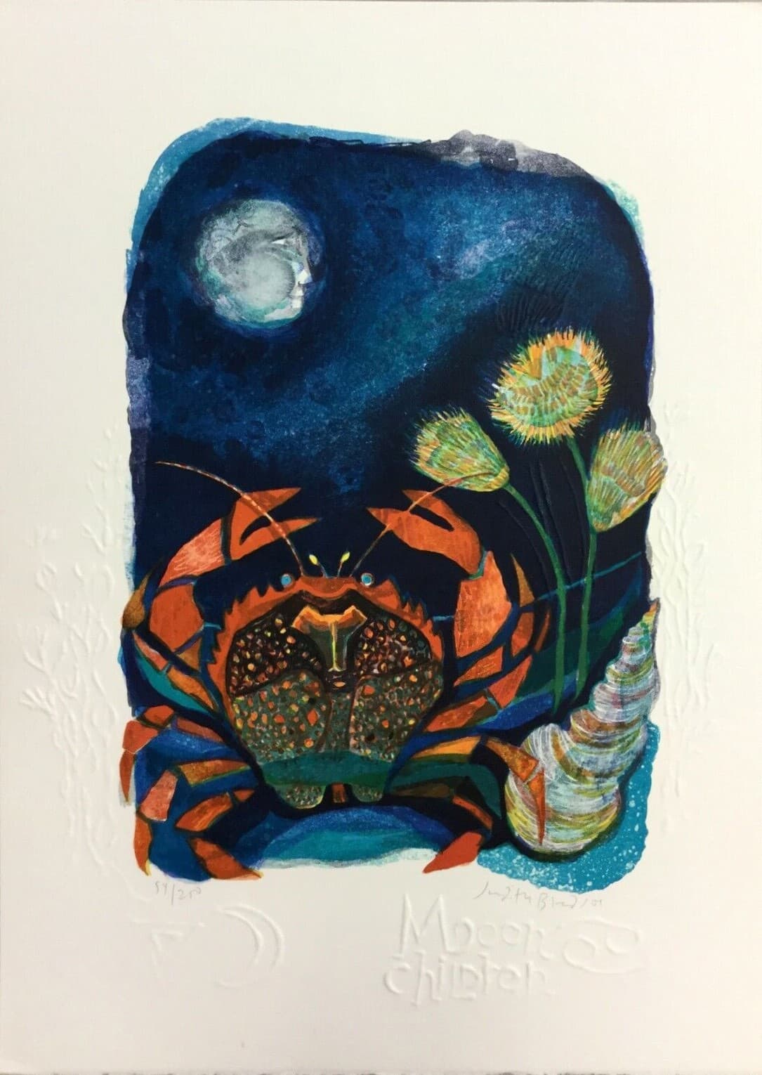 Mid Century Modern Unframed Moon Children Cancer Judith Bledsoe Signed Litho