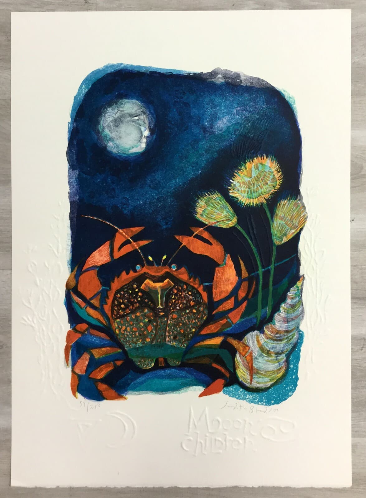 Mid Century Modern Unframed Moon Children Cancer Judith Bledsoe Signed Litho - Thumbnail 2