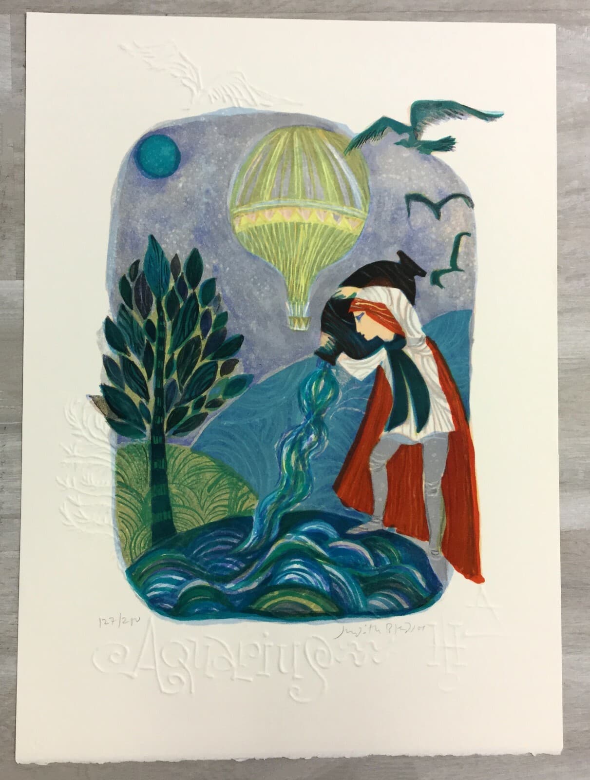 Mid Century Modern Unframed Aquarius Zodiac Judith Bledsoe Signed Lithograph - Thumbnail 2