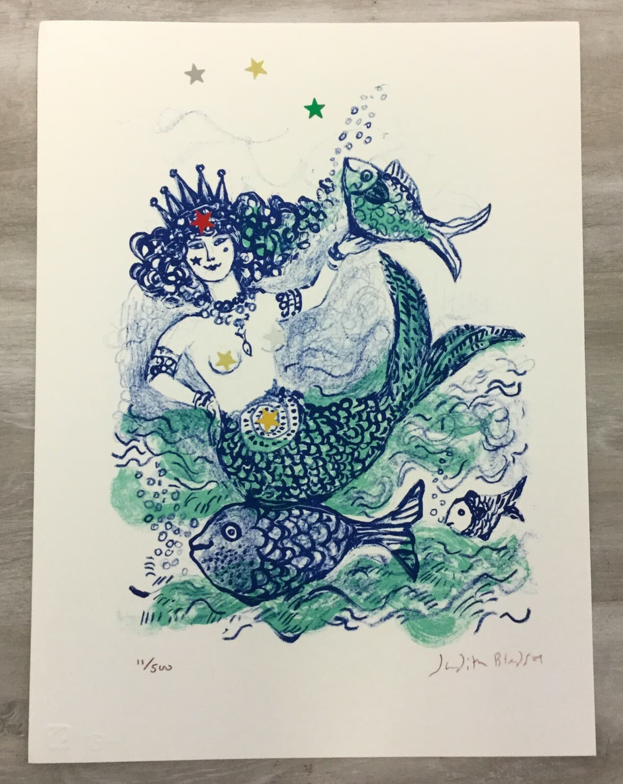 Mid Century Modern Unframed Mermaid Queen Judith Bledsoe Hand Signed Lithograph - Thumbnail 2