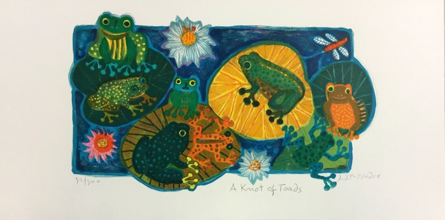 Mid Century Modern Unframed Knot of Toads Judith Bledsoe Signed Lithograph