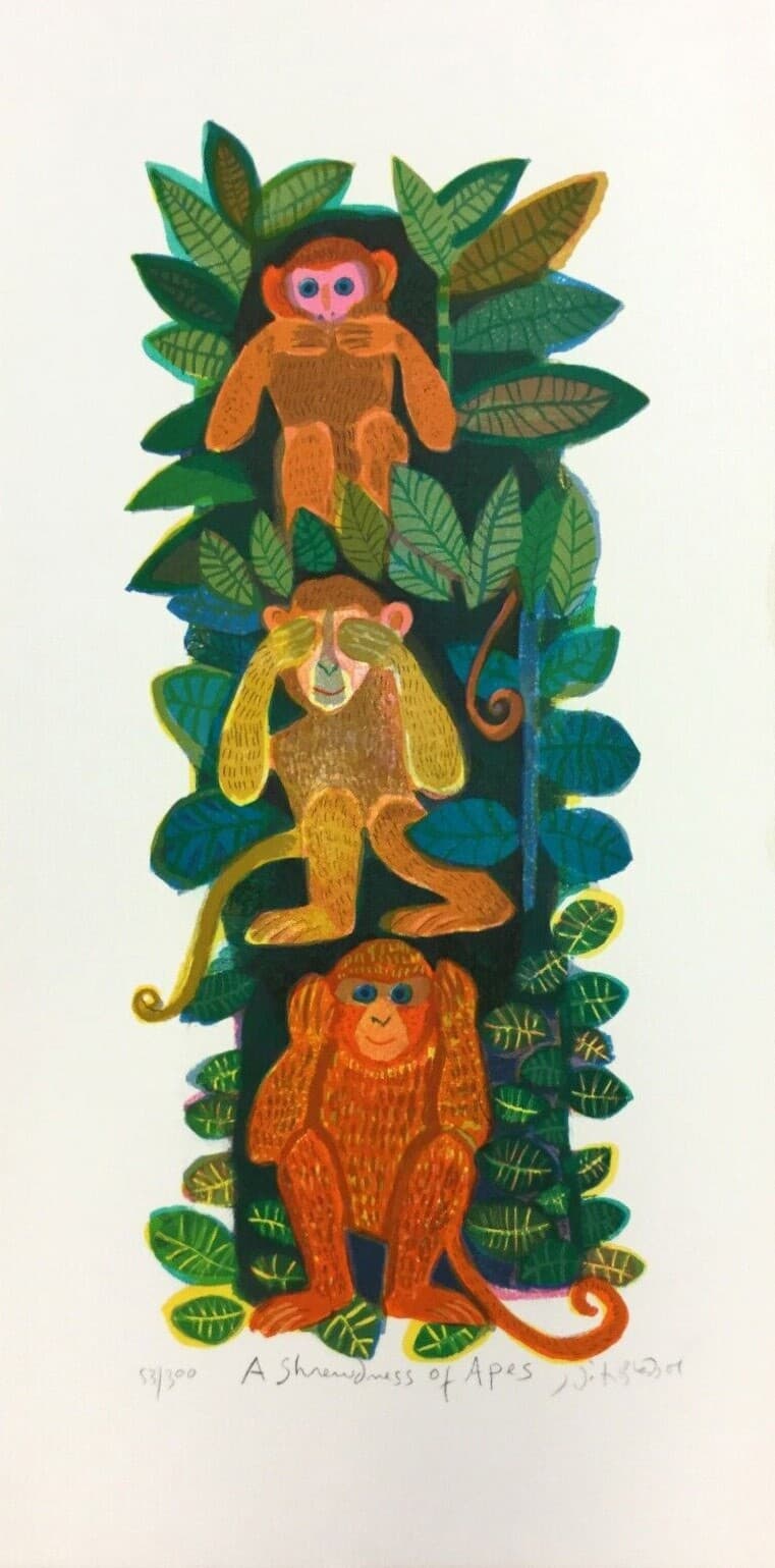 Mid Century Modern Unframed Shrewdness of Apes Judith Bledsoe Signed Lithograph