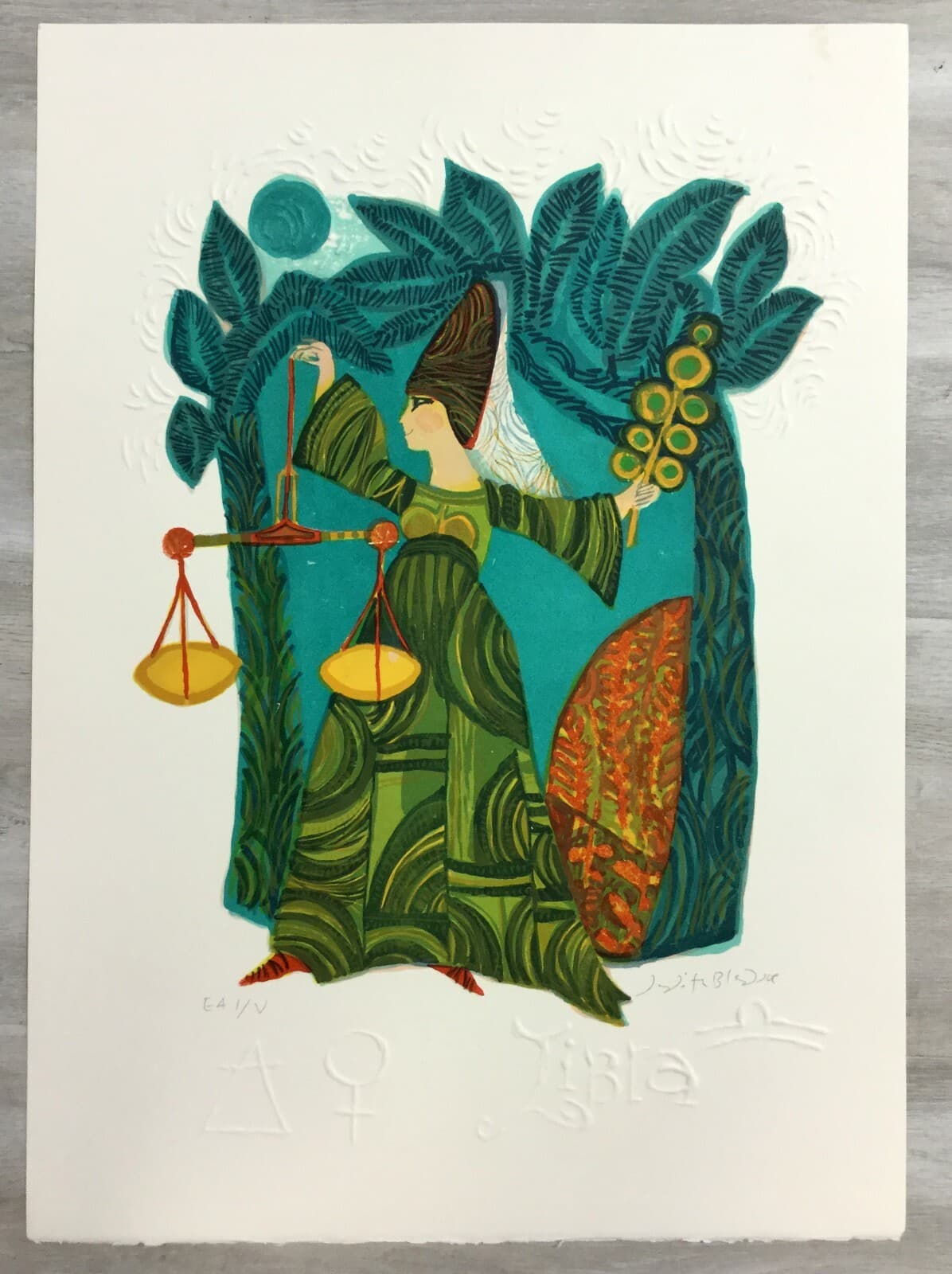 Mid Century Modern Unframed Libra Zodiac Judith Bledsoe Hand Signed Lithograph - Thumbnail 2