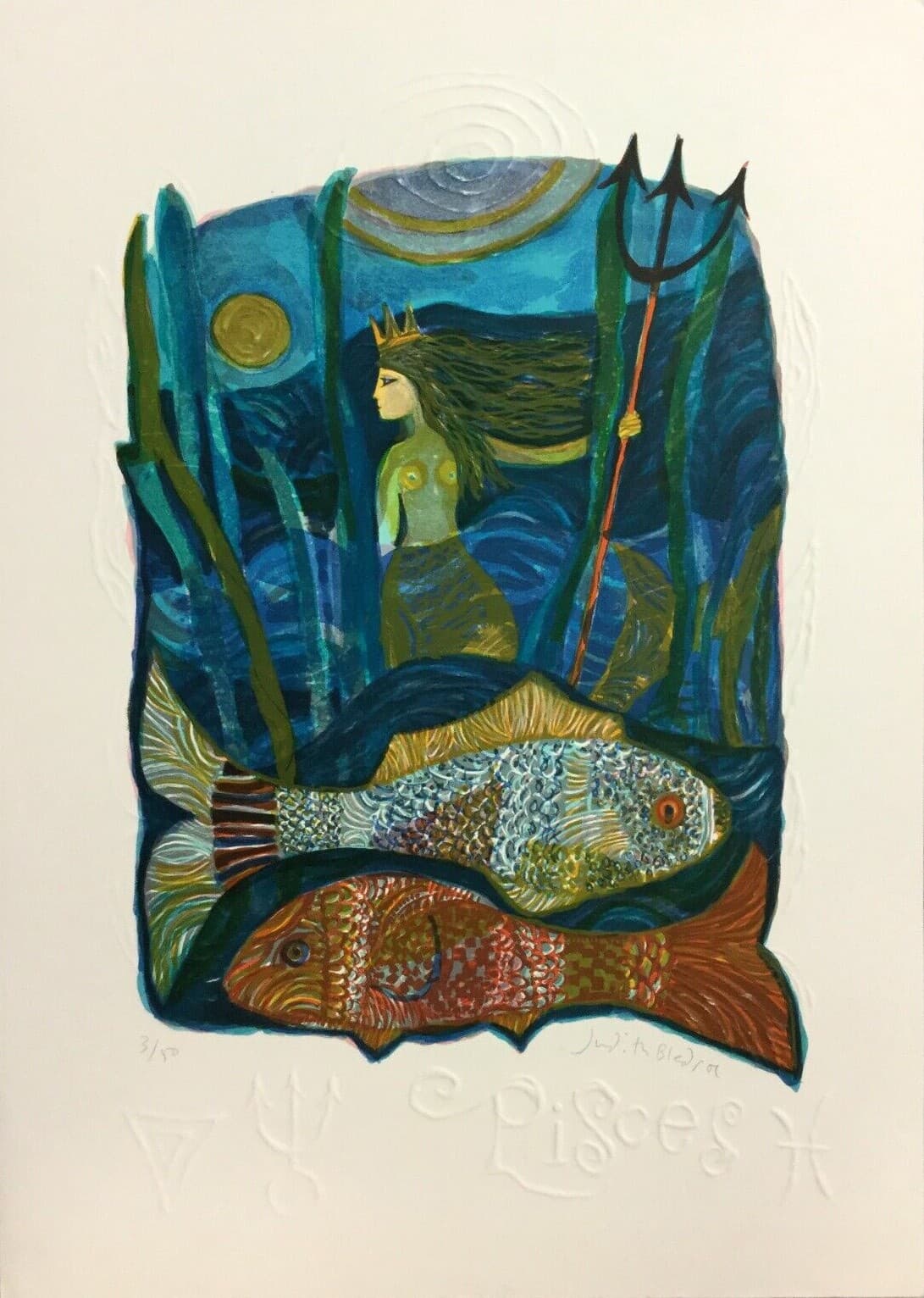 Mid Century Modern Unframed Pisces Zodiac Judith Bledsoe Hand Signed Lithograph