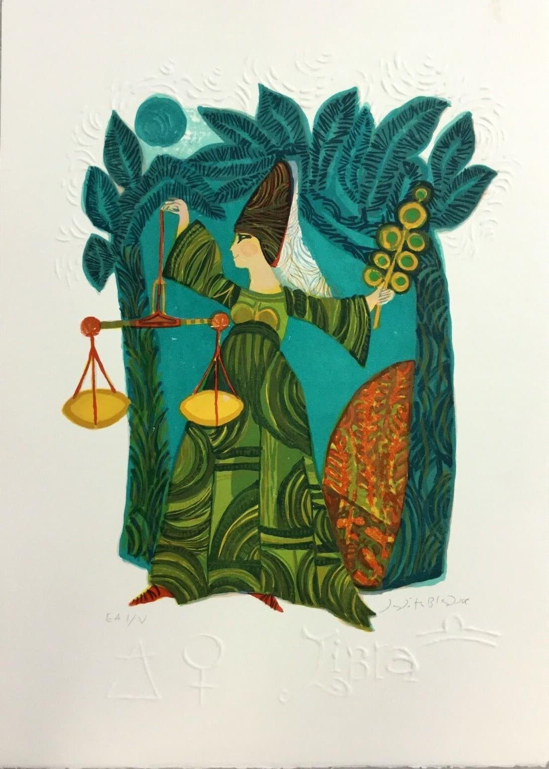Mid Century Modern Unframed Libra Zodiac Judith Bledsoe Hand Signed Lithograph