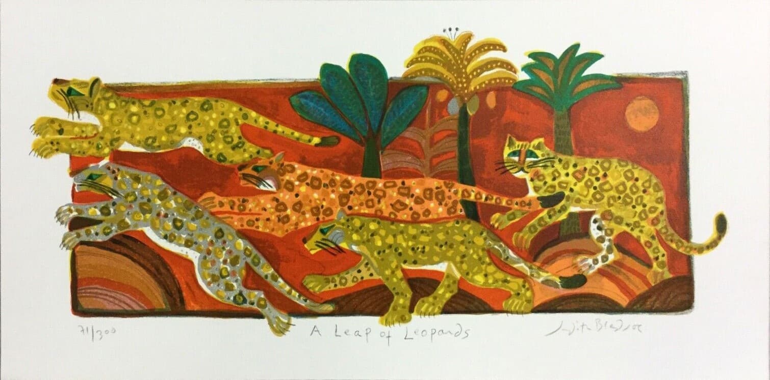 Mid Century Modern Unframed Leap of Leopards Judith Bledsoe Signed Lithograph