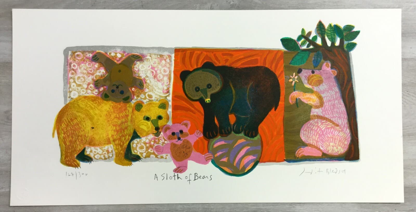Mid Century Modern Unframed Sloth of Bears Judith Bledsoe Signed Litho - Thumbnail 2