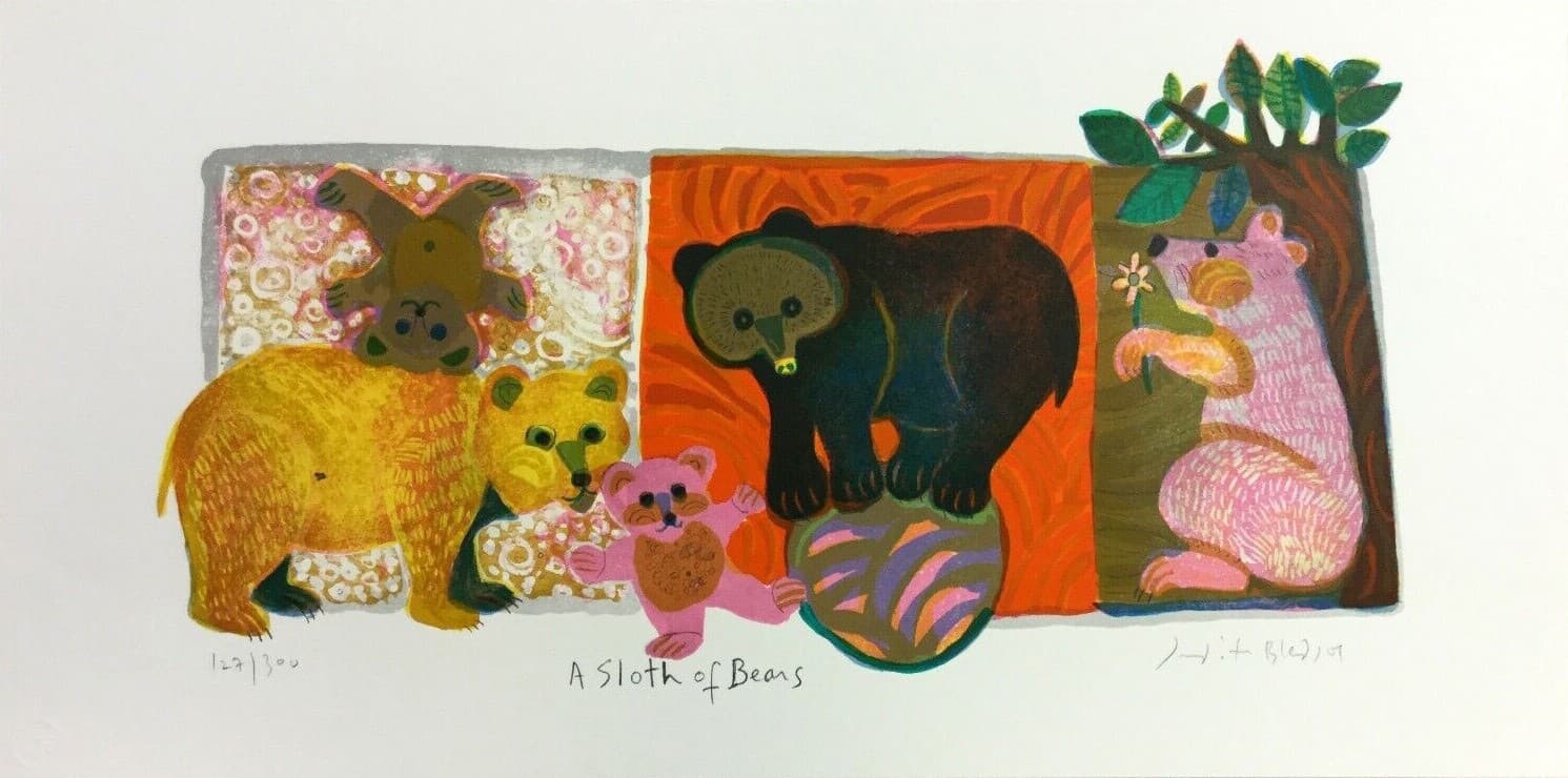 Mid Century Modern Unframed Sloth of Bears Judith Bledsoe Signed Litho