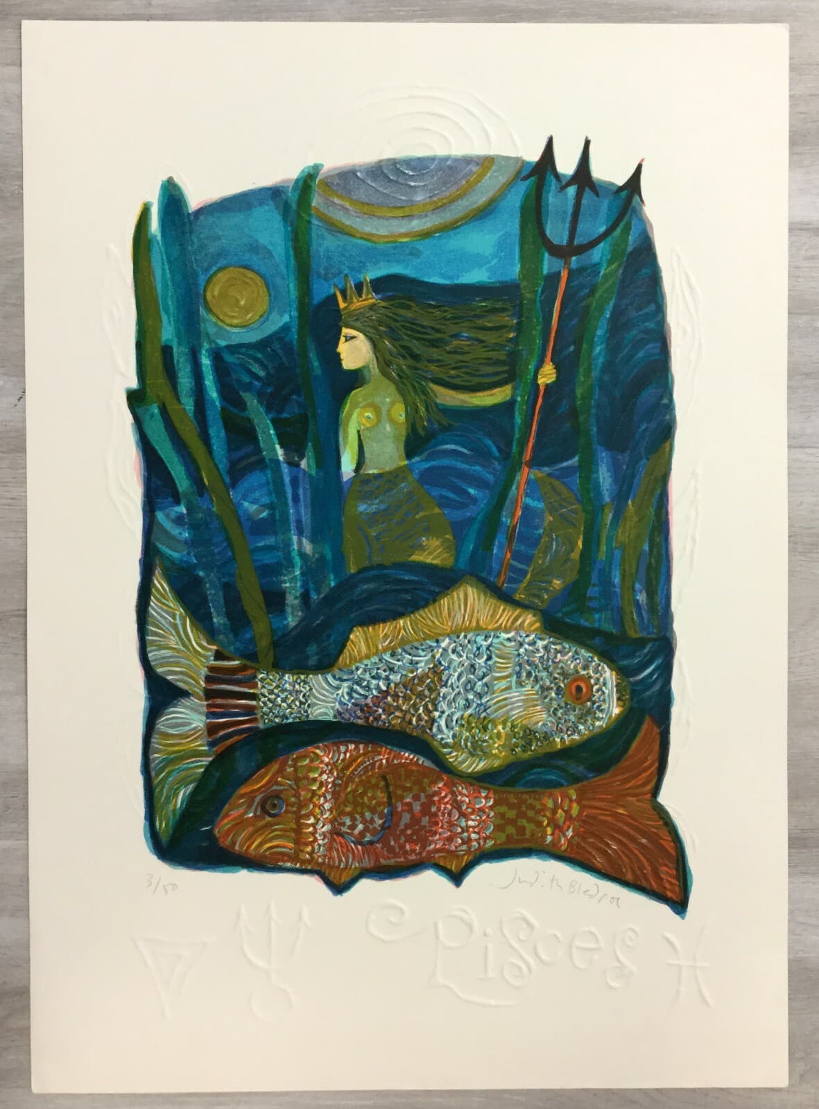 Mid Century Modern Unframed Pisces Zodiac Judith Bledsoe Hand Signed Lithograph - Thumbnail 2