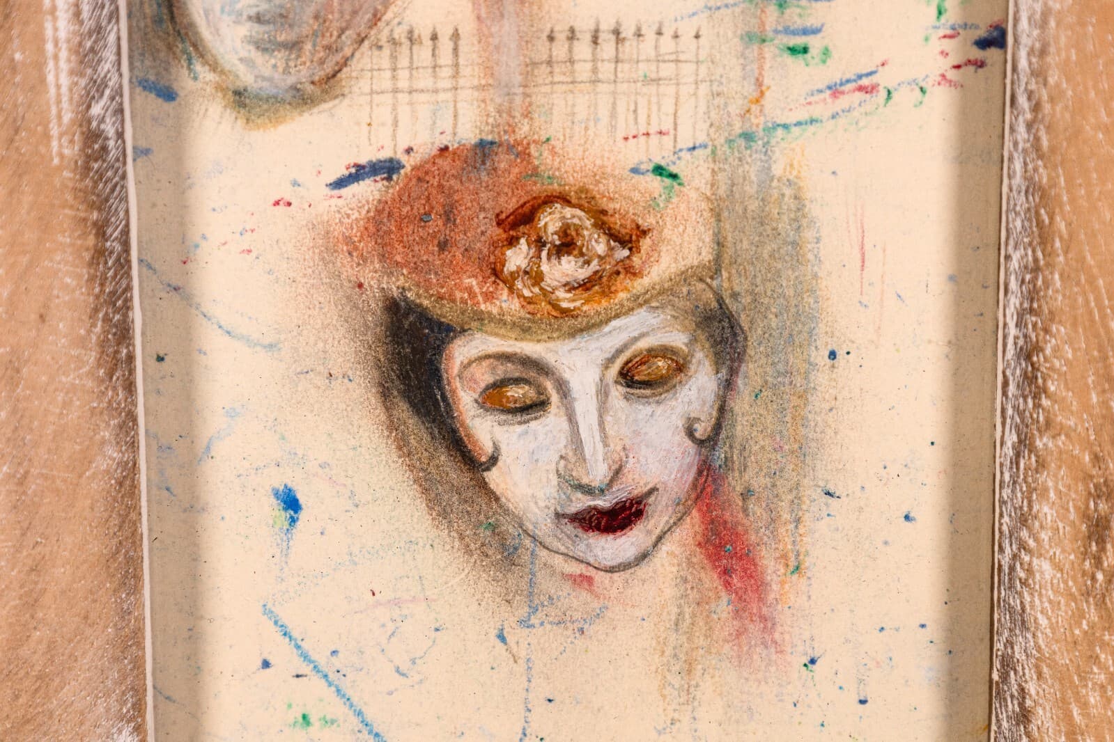 Betty Woodward-Bosley Signed Surrealist Woman in Hat Drawing on Paper Framed - Thumbnail 5