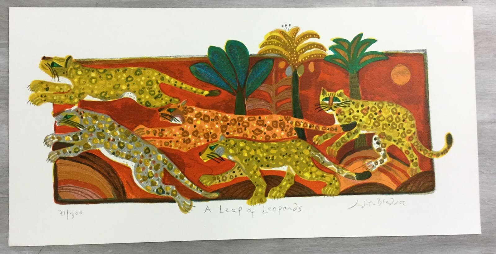 Mid Century Modern Unframed Leap of Leopards Judith Bledsoe Signed Lithograph - Thumbnail 2