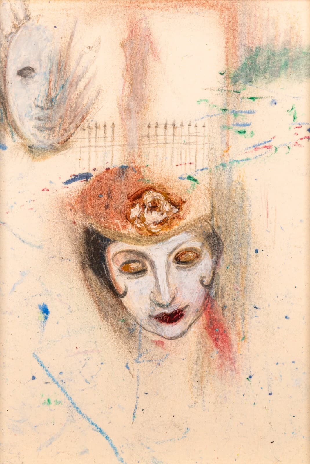 Betty Woodward-Bosley Signed Surrealist Woman in Hat Drawing on Paper Framed - Thumbnail 2
