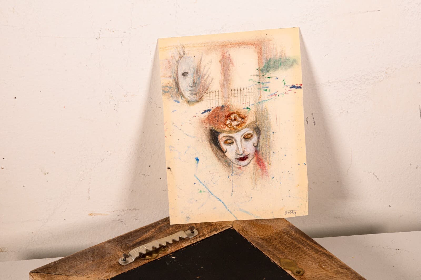Betty Woodward-Bosley Signed Surrealist Woman in Hat Drawing on Paper Framed - Thumbnail 7