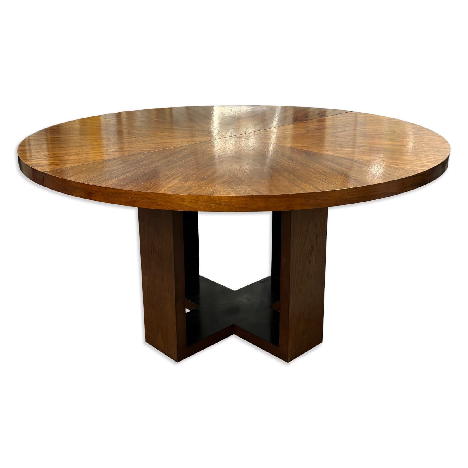 Large Round Wood Cross Base Dining Table In The Style Of Bruno Matteson