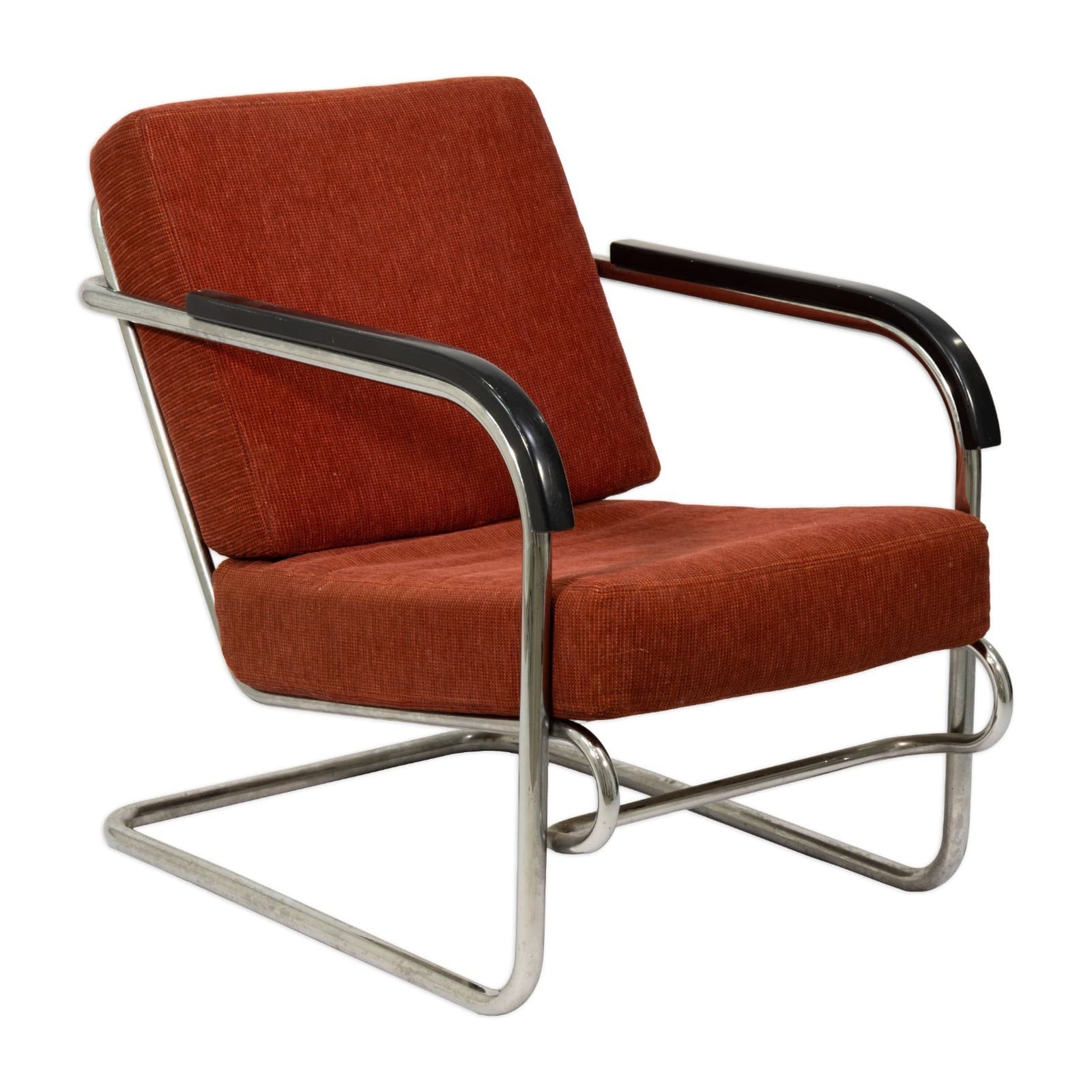 Bauhaus / Thonet Style Pair of Armchairs c. 1930s Tubular Steel with Red-Brown U - Thumbnail 2