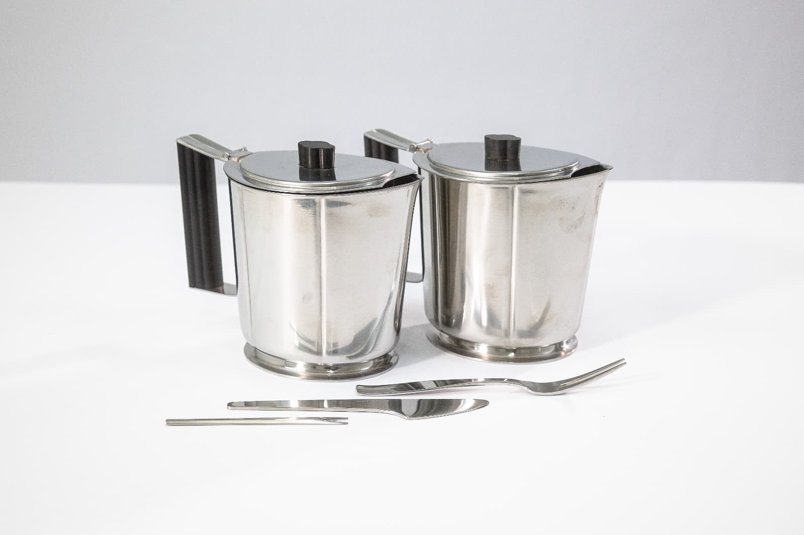Georg Jensen Serving Set Knife / Forks + Gense Pair of Teapots Stainless Denmark - Thumbnail 2