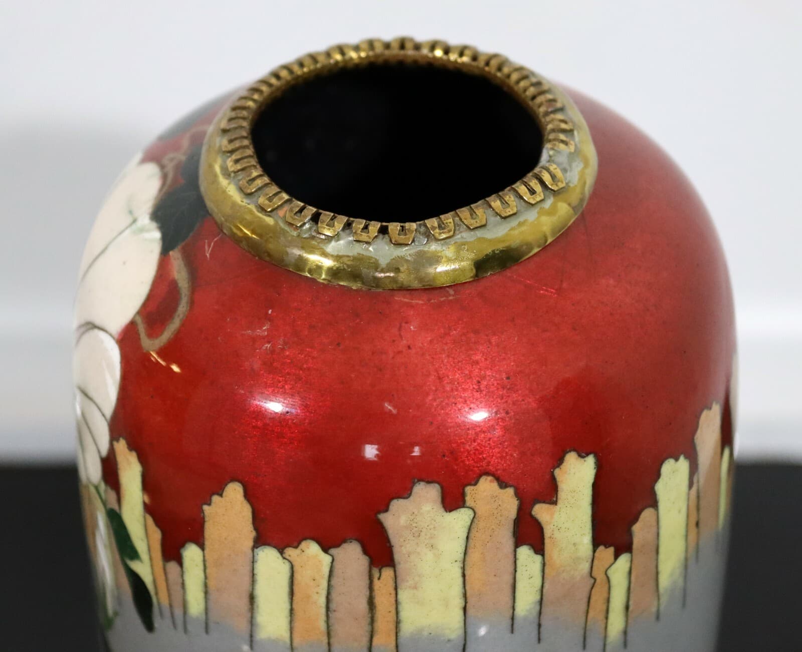 Vintage Signed Red and Gray Enameled Cloisonne Vase with Koi Fish - Thumbnail 4