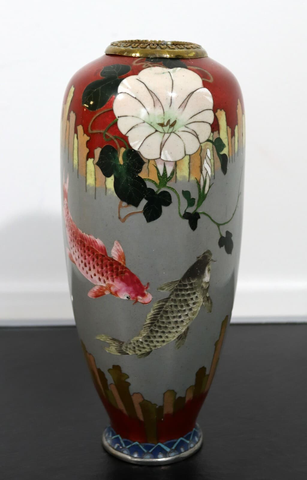 Vintage Signed Red and Gray Enameled Cloisonne Vase with Koi Fish - Thumbnail 2