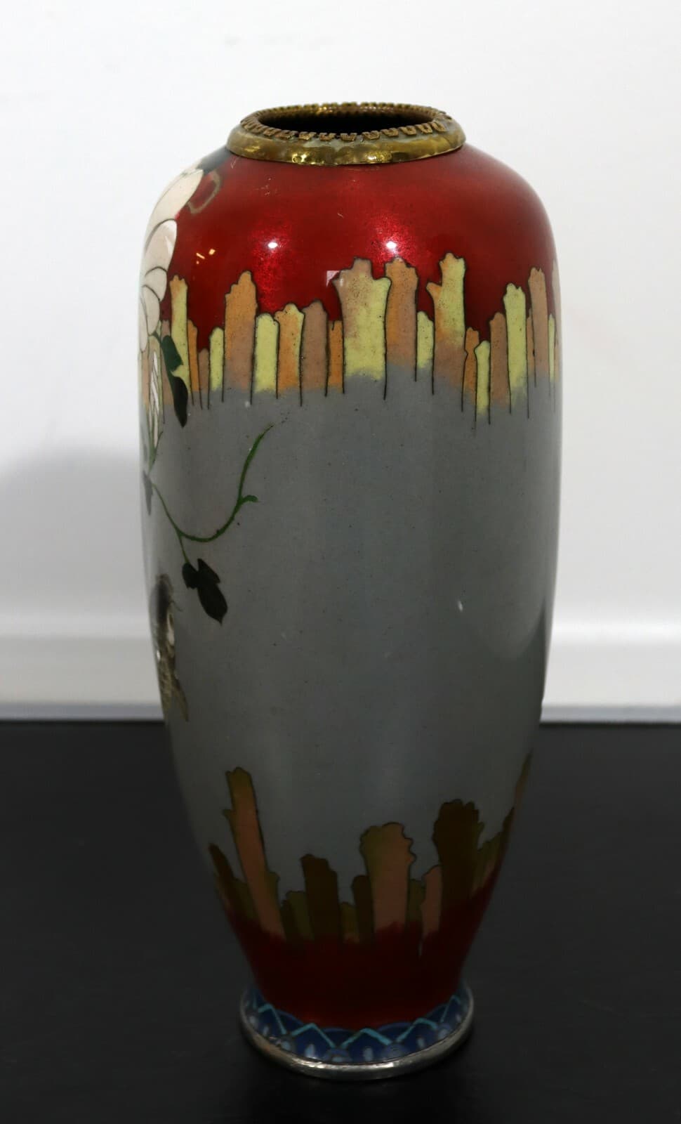 Vintage Signed Red and Gray Enameled Cloisonne Vase with Koi Fish - Thumbnail 3
