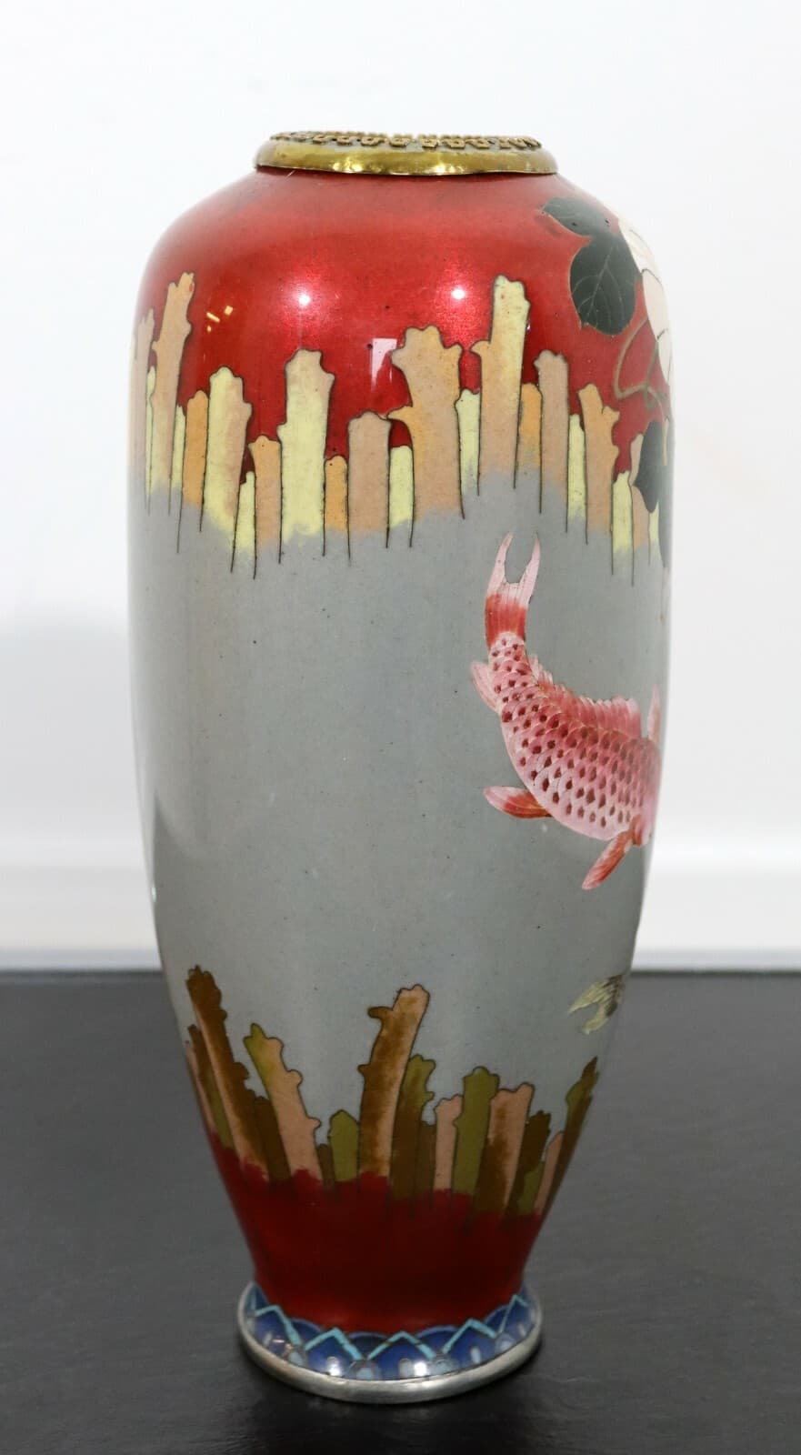 Vintage Signed Red and Gray Enameled Cloisonne Vase with Koi Fish - Thumbnail 6