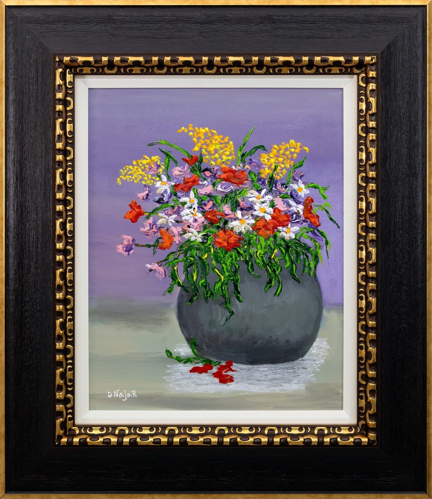 David Najar Flower Base Signed Contemporary Unique Oil Painting Canvas Framed - Thumbnail 2