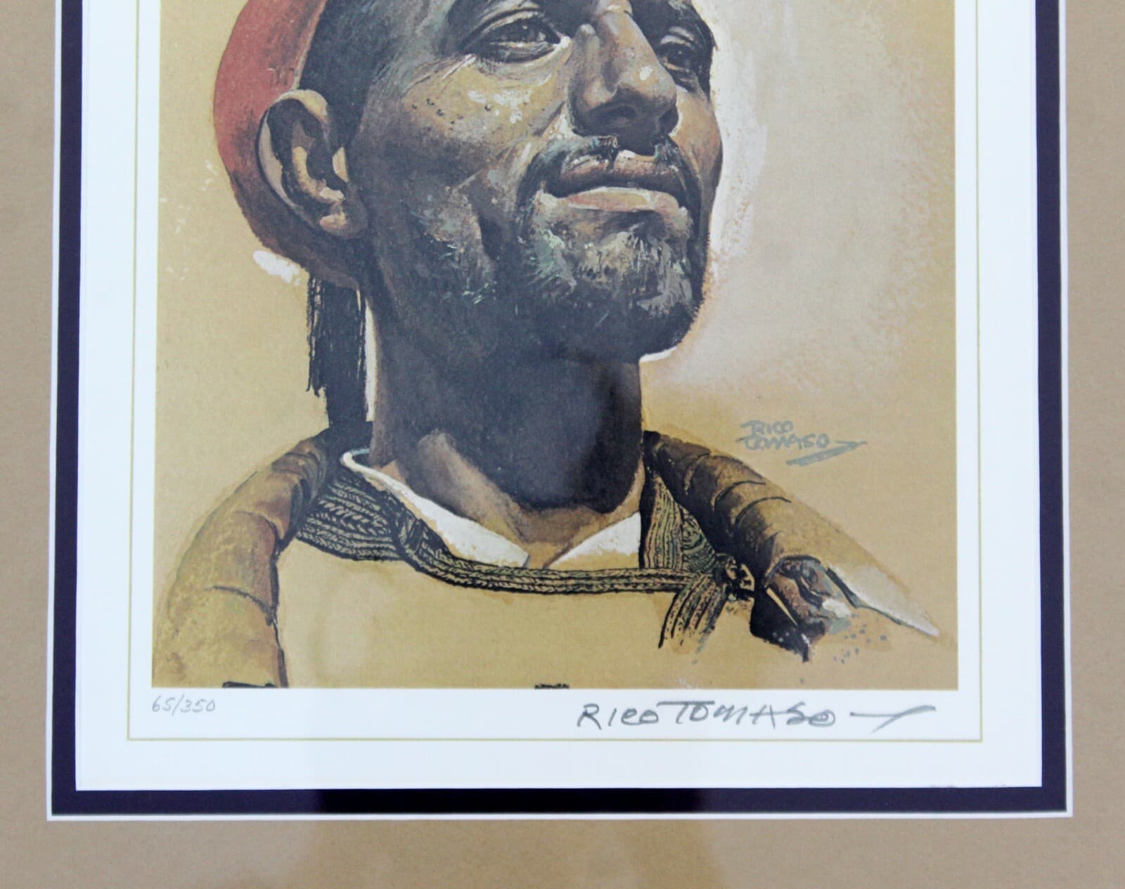 Mid Century Modern Rico Tomaso Framed Signed Lithograph of Natives 63/350 - Thumbnail 6
