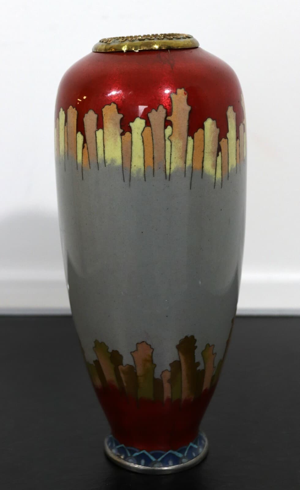 Vintage Signed Red and Gray Enameled Cloisonne Vase with Koi Fish - Thumbnail 5