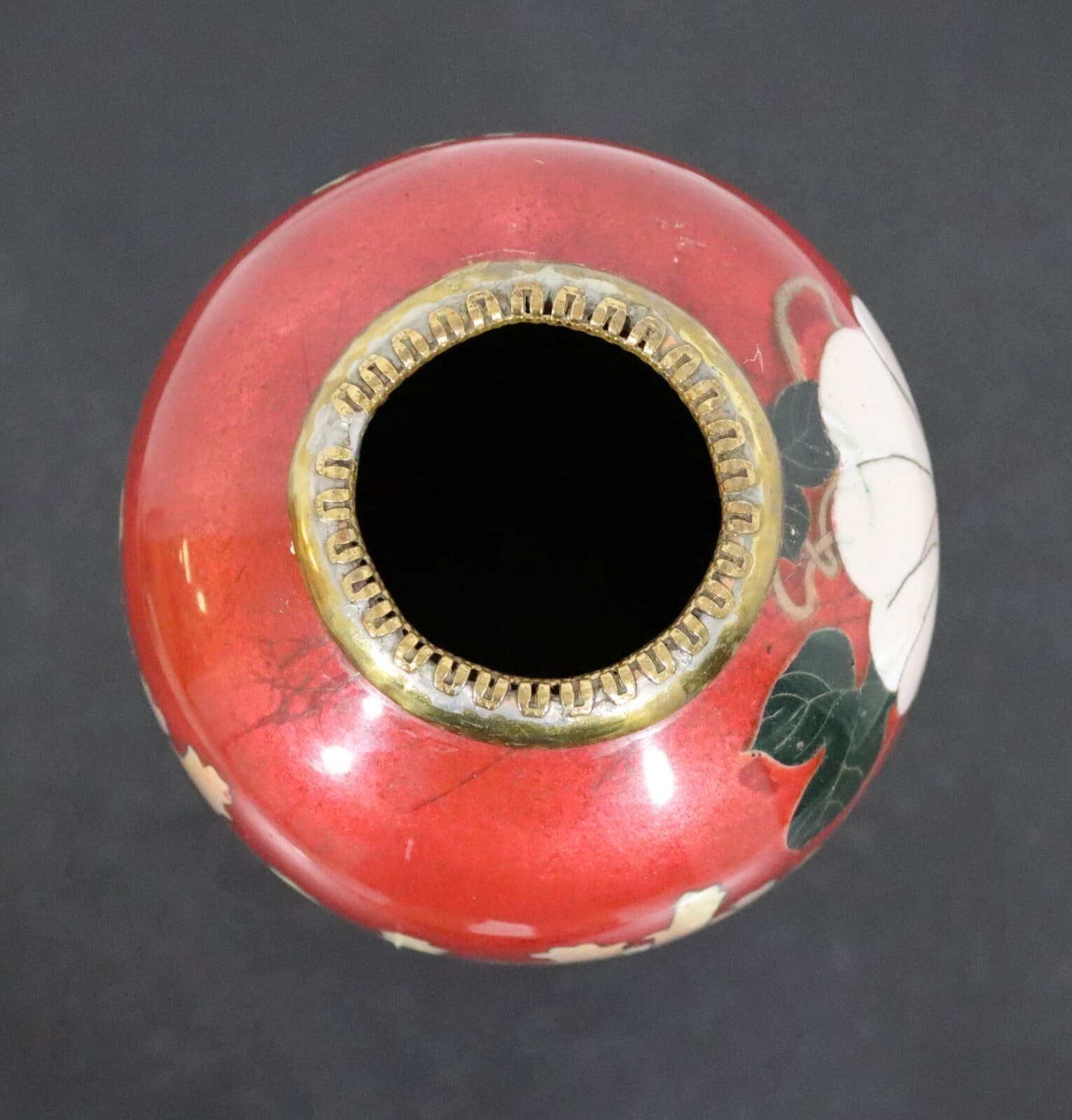 Vintage Signed Red and Gray Enameled Cloisonne Vase with Koi Fish - Thumbnail 7