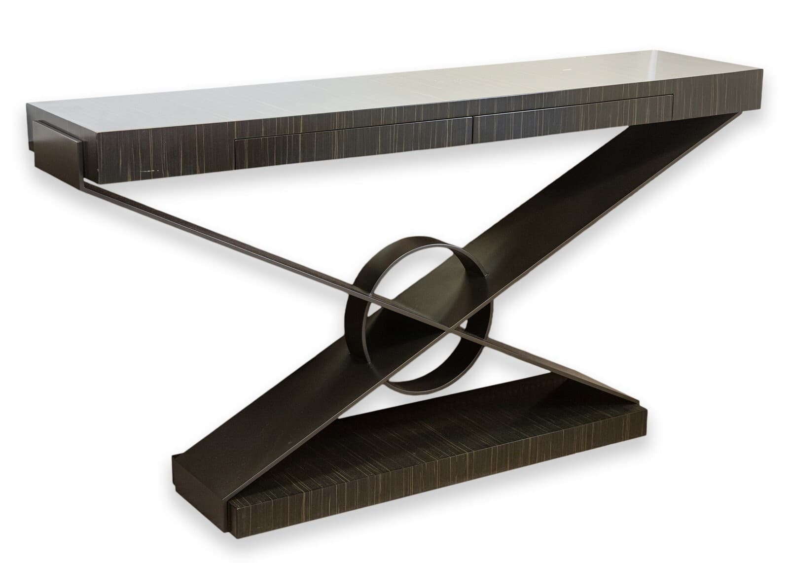 Decca Home Bolier Ebony Wood and Gunmetal X Base Contemporary Console Table