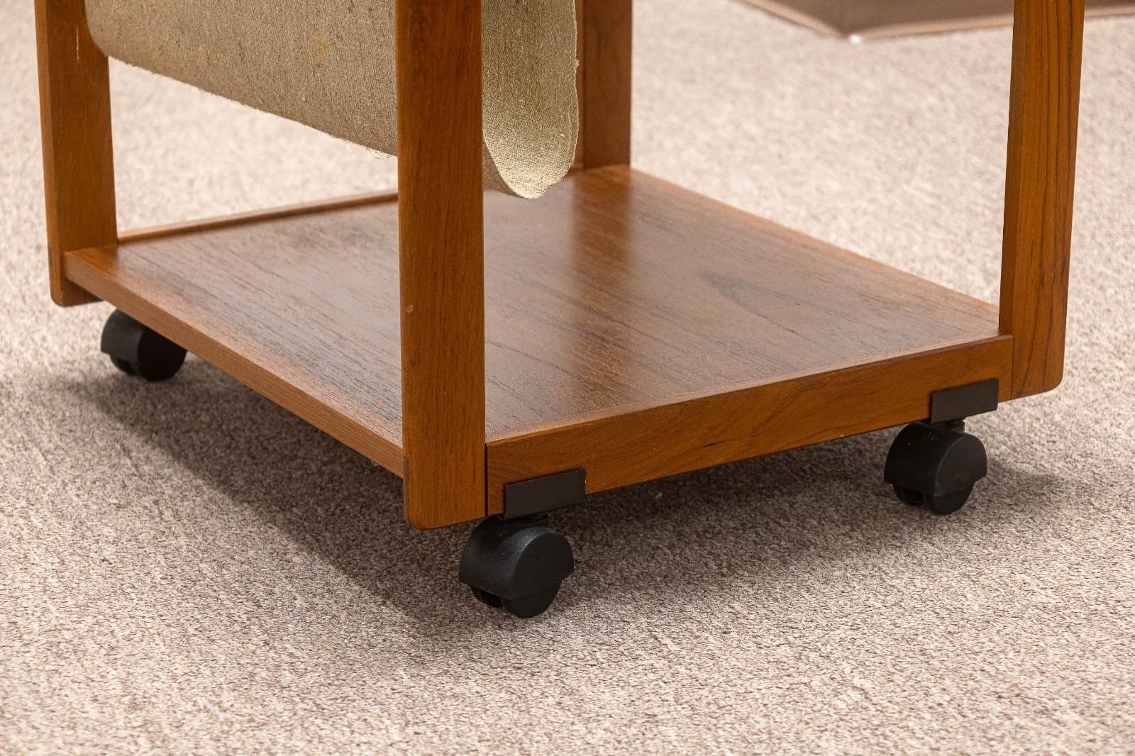 Vintage 1970s Danish FBJ Mobler Teak Side Table w Fabric Magazine Rack & Casters - Thumbnail 6