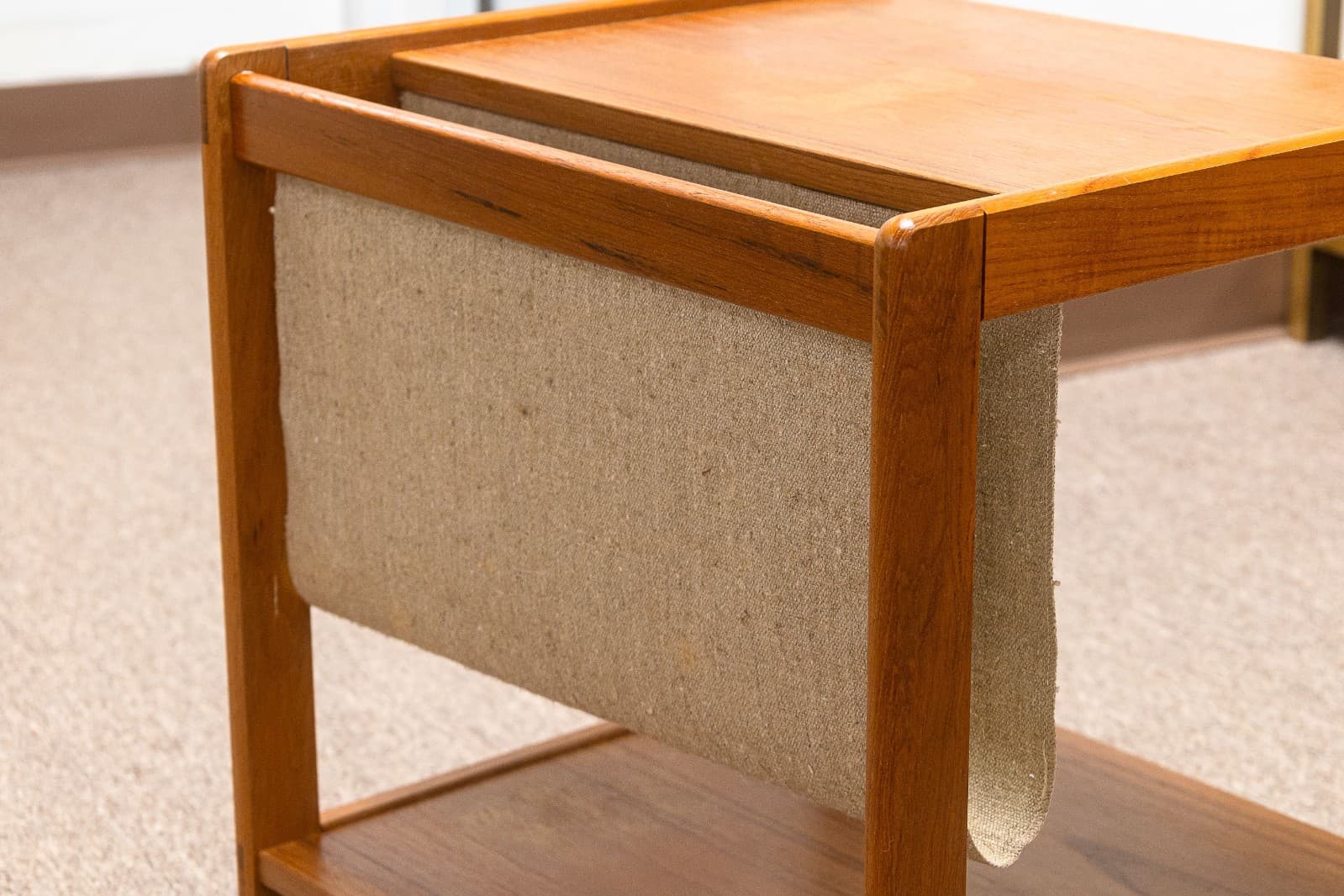 Vintage 1970s Danish FBJ Mobler Teak Side Table w Fabric Magazine Rack & Casters - Thumbnail 5