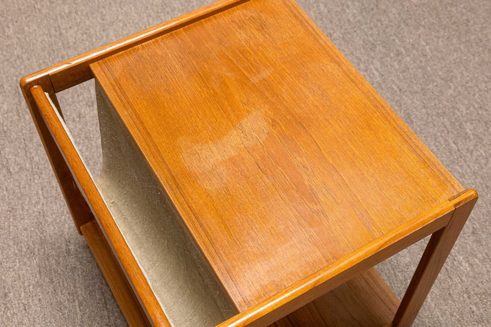 Vintage 1970s Danish FBJ Mobler Teak Side Table w Fabric Magazine Rack & Casters - Thumbnail 3