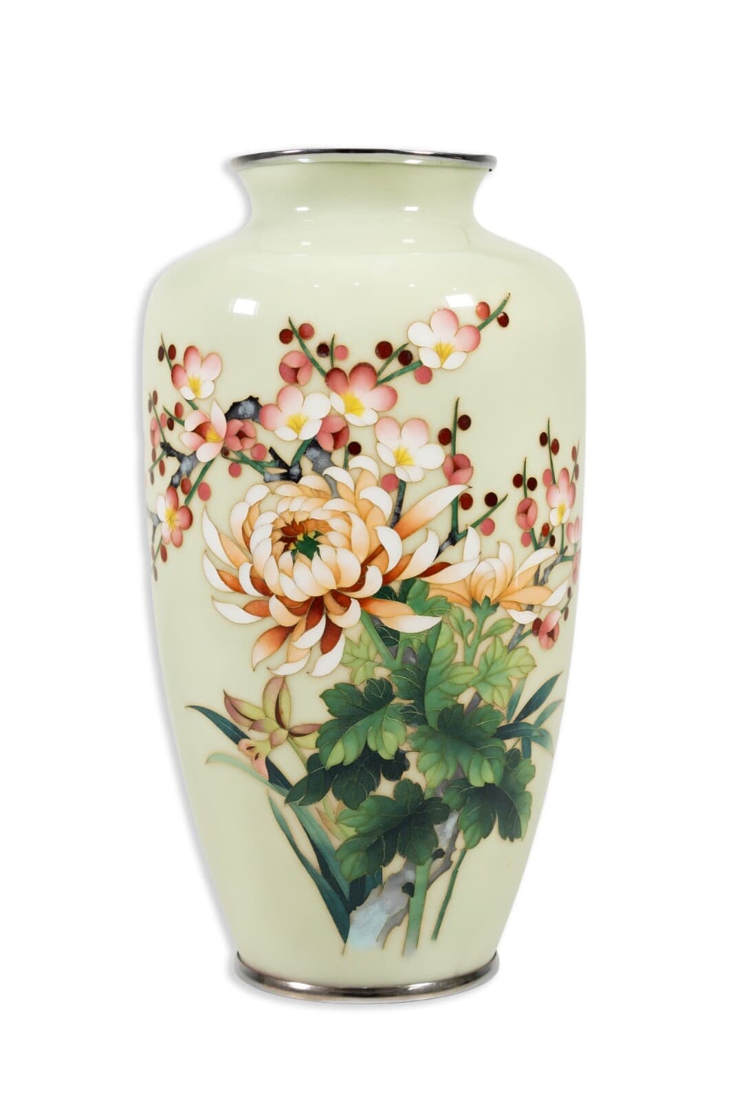 Vintage Ardo Jubei Japanese Cloisonne Vase with Chrome Accents & Chrysanthemums