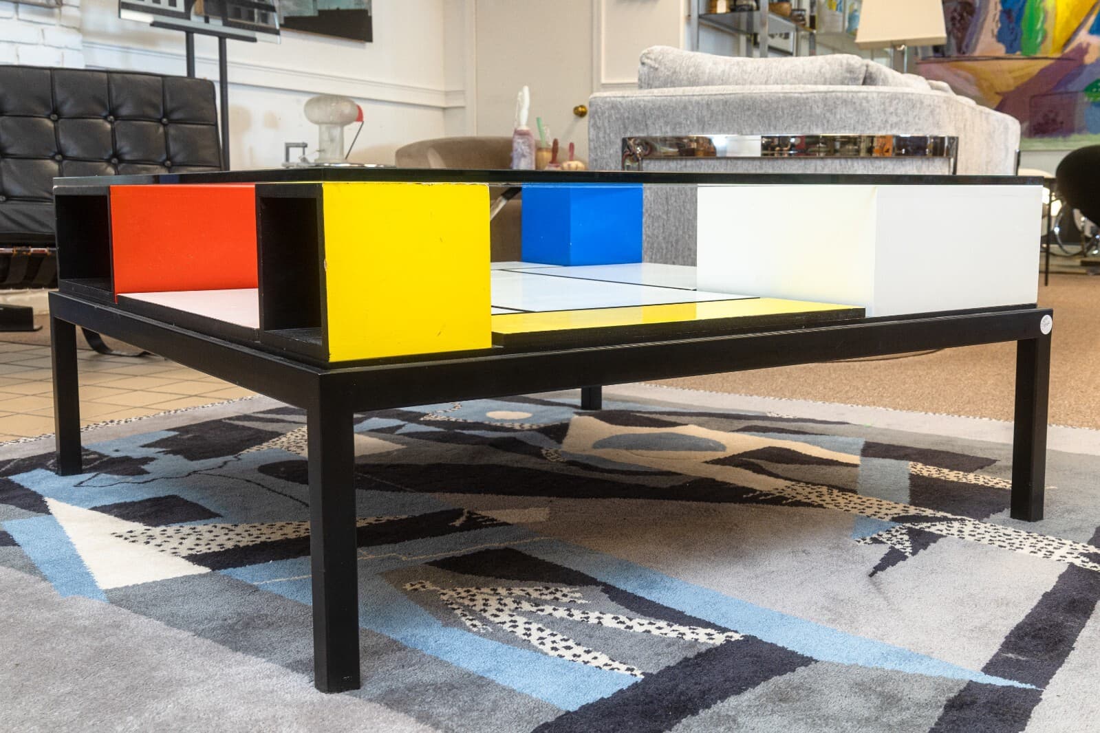 Custom Made Piet Mondrian Style Postmodern Square Glass and Wood Coffee Table - Thumbnail 4