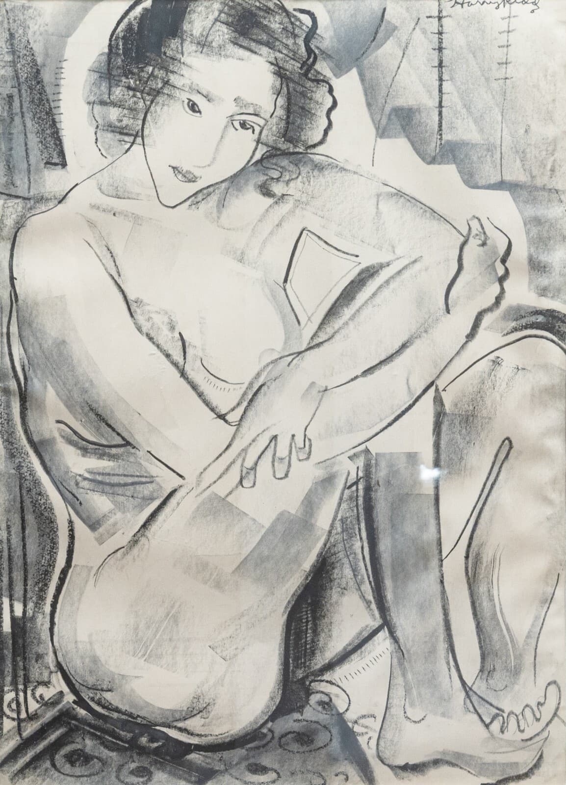 Modernist Figurative Female Nude Pencil and Charcoal Drawing on Paper Signed - Thumbnail 2